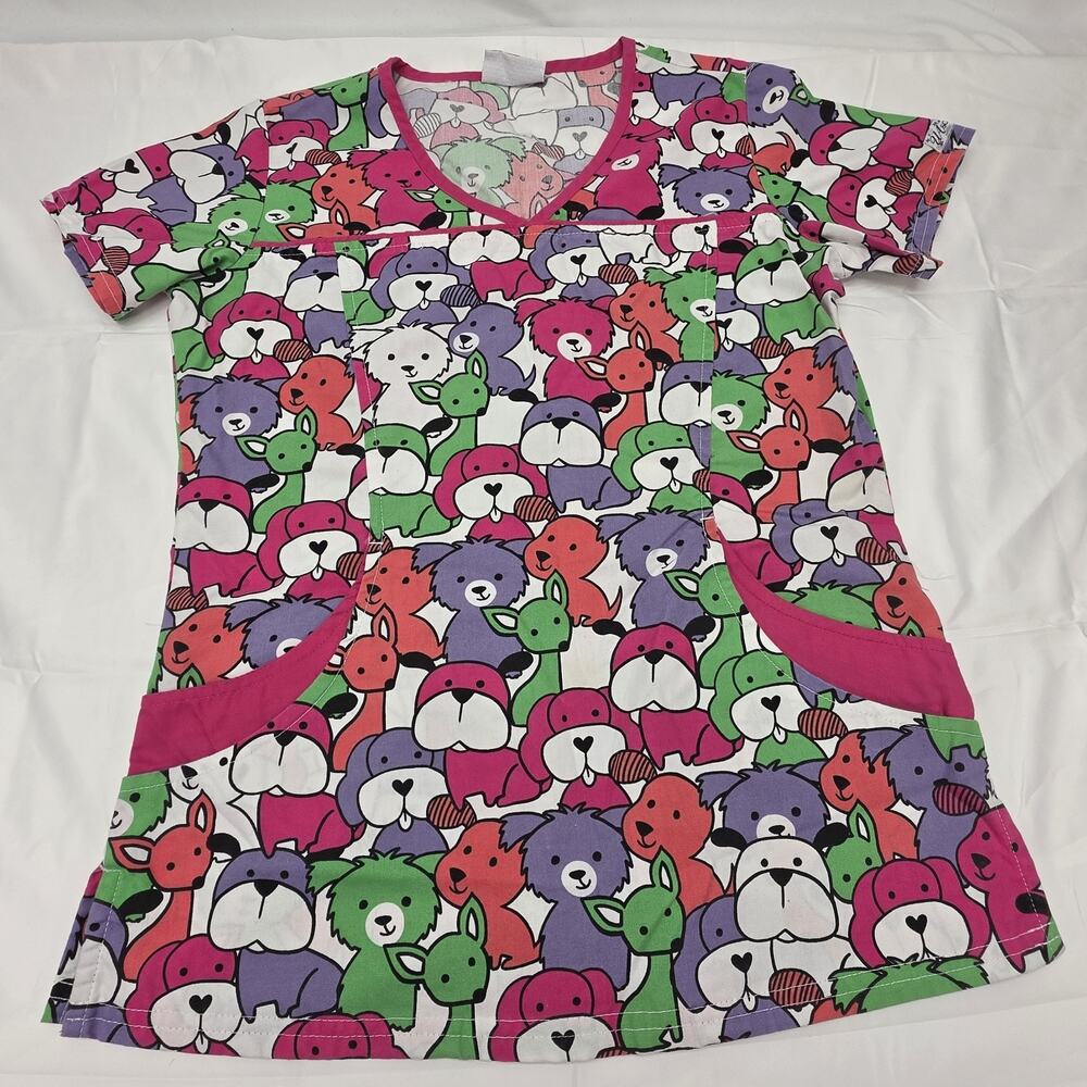UA Scrubs Womens Animal Print Scrub Top Colorful Dogs V Neck 4 Pocket Nurse
